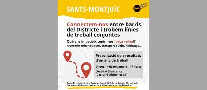 14 Novembre 2024 – 17h – Reflexió compartida sobre el futur del Districte Sants-Montjuïc: Vine i participa !!